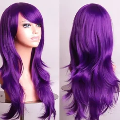 28 tum Lång Vågig Lockig Hårförlängning Cosplay Peruk med Lugg Värmebeständig Syntetisk Peruk för Fest Kostym Anime Halloween (Lila)> Peruker