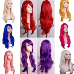 28 tum Lång Vågig Lockig Hårförlängning Cosplay Peruk med Lugg Värmebeständig Syntetisk Peruk för Fest Kostym Anime Halloween (Lila)> Peruker