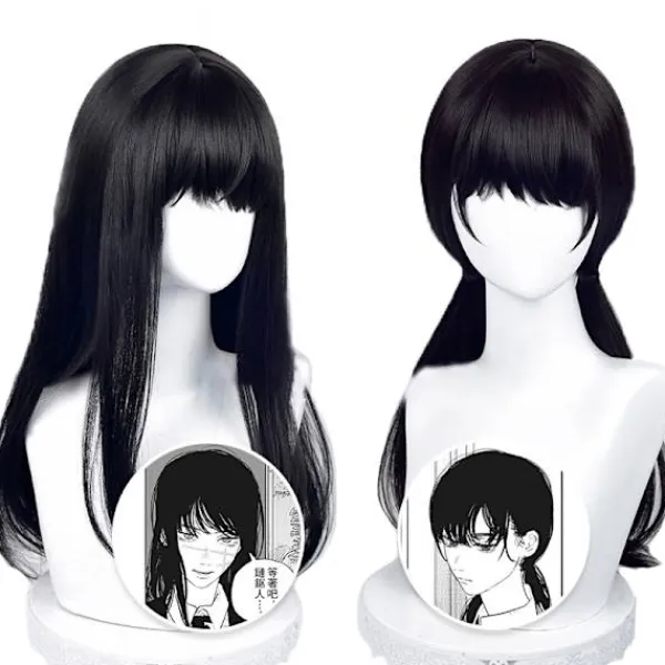 Anime Chainsaw Man Mitaka Asa Cosplay Peruk Asa Mitaka Lång Svart One Size> Peruker