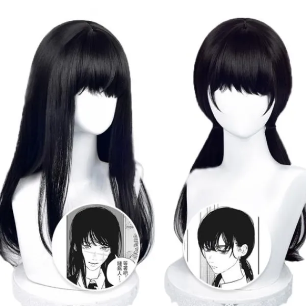 Anime Chainsaw Man Mitaka Asa Cosplay Peruk Asa Mitaka Lång Svart A2> Peruker
