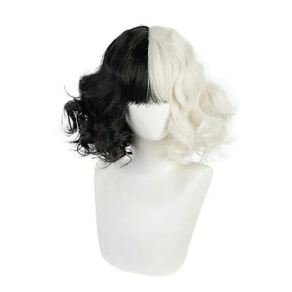 Anime Cruella de Vil Cosplay Peruk Kort Lockig Halv Svart Halv Vit Värmebeständig Syntetiskt Hår Cruella Peruker + Perukmössa - FÄRG: Endast Peruk> Peruker