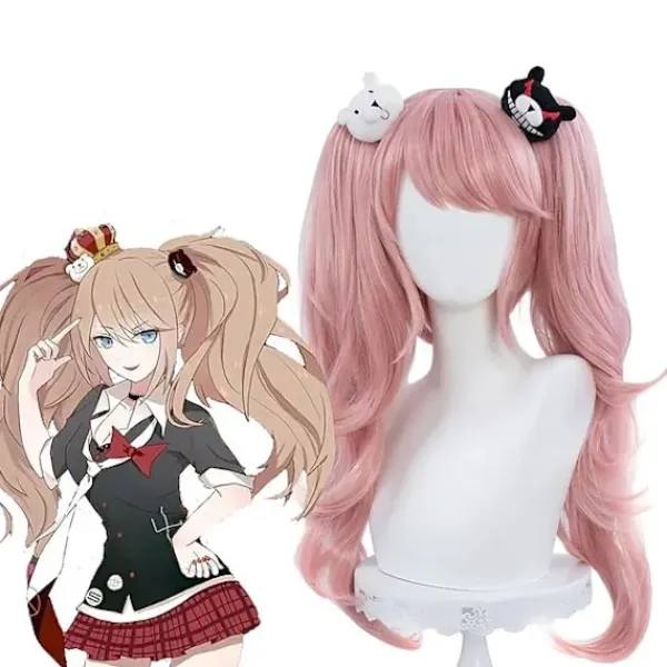 KOOLYOU Anime Danganronpa Enoshima Junko Cosplay Kostym Uniform Cafe Arbetskläder Kort Kjol Dubbel Svans Fläta Peruk Halloween Kostym only wig> Peruker