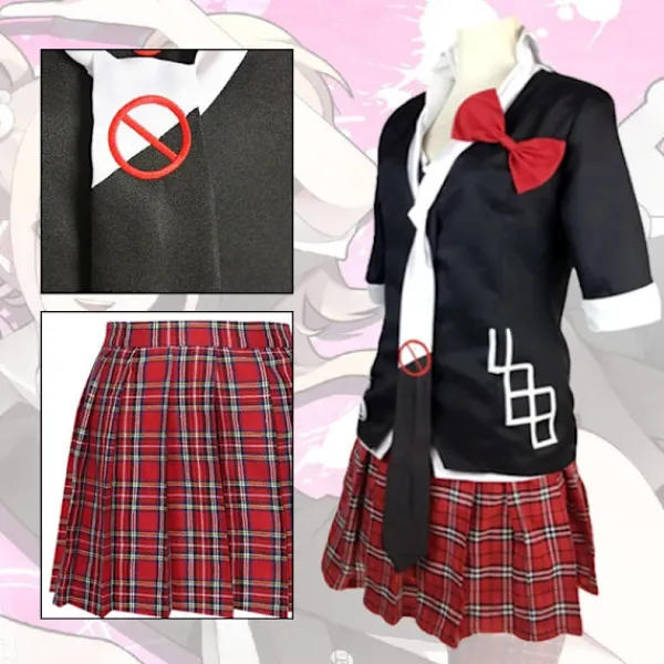 KOOLYOU Anime Danganronpa Enoshima Junko Cosplay Kostym Uniform Cafe Arbetskläder Kort Kjol Dubbel Svans Fläta Peruk Halloween Kostym only wig> Peruker
