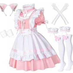 Anime Fransk Hembiträde Förkläde Lolita Maskerad Cosplay Kostym Pälsig Katt Öra Handskar Strumpor Set för Kvinnor-Perfekt XL> Dräkter