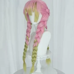 Anime rosa och grön peruk för Mitsuri Cosplay flätad hårperuk med flätor Halloween fest peruk + mössa,wz-2055 (FMY)> Peruker