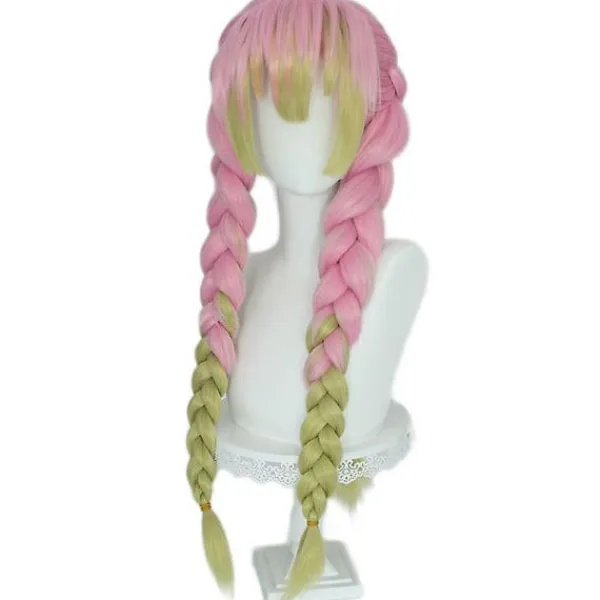 Anime Rosa och Grön Peruk för Mitsuri Cosplay Flätad Hårperuk med Flätor Halloweenfest Peruk + Mössa, wz-2055 (FMY)> Peruker