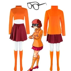 Anime Velma Cosplay Kostym Filmkaraktär Orange Uniform Halloween Kostym För Kvinnor Flickor Cosplay Kostym Peruk V XL> Peruker