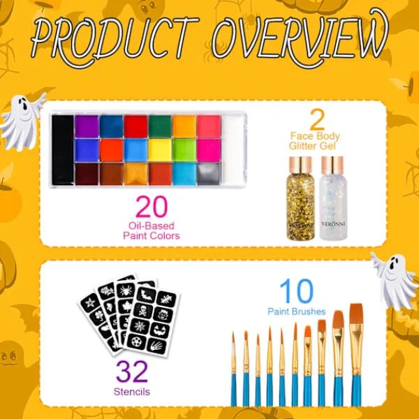 Ansikte Kropp Färg Palett Olje Smink Set 20 Färger SFX Halloween Fest Målning med 10 st Konstnär Paintbrushes> Smink