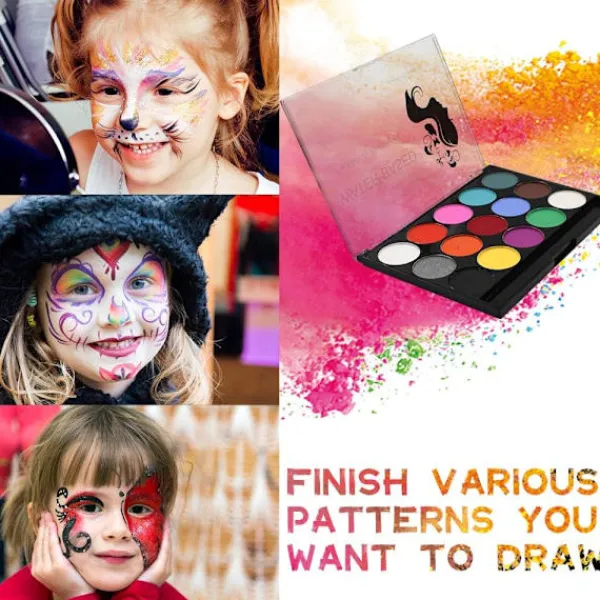Ansiktsmålningskit - 15 Livfulla Färger Icke-Toxisk Tvättbar Smink för Barn & Vuxna | Vattenbaserad Halloween, Fest, Cosplay | Inkluderar 2 Penslar & Palett | Fyndiq> Smink