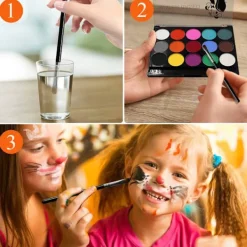 Ansiktsmålningskit - 15 Livfulla Färger Icke-Toxisk Tvättbar Smink för Barn & Vuxna | Vattenbaserad Halloween, Fest, Cosplay | Inkluderar 2 Penslar & Palett | Fyndiq><noscript><img width=