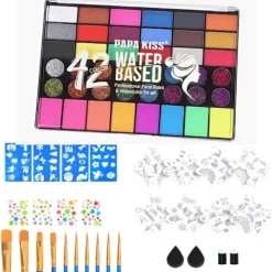 Ansiktsmålningskit för barn, 42 färger kroppsmålning, ansiktsmålningsset, med 10 penslar, 8 stenciler, 4 svampar, 4 klistermärkesark, 4 ädelstensark, giftfritt & | Fyndiq> Smink