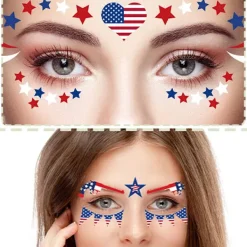 Ansiktstatuering med tema självständighetsdagen med amerikansk flagga, ansiktsmålning, vattentäta temporära kroppskonstklistermärken> Smink