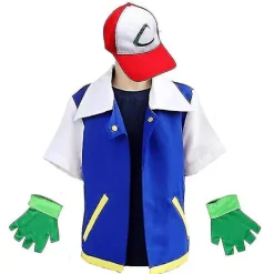 Ash Ketchum Costumes Kit Adult Boys Girls Ash Ketchum Halloween Cosplay Clothing Top Trainer Cap And Gloves Set -a 130><noscript><img width=