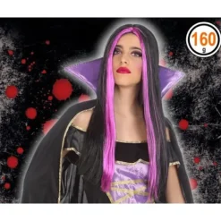 ATOSA vampyrperuk för vuxna kvinnor - Fuchsia och svart - Lång med 2 fuchsiatrådar framtill> Peruker