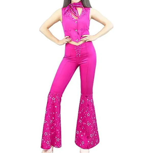 Barbie Hippie Disco Kostym Rosa Flare Byxa Halloween Cosplay För Kvinnor Flickor L> Dräkter