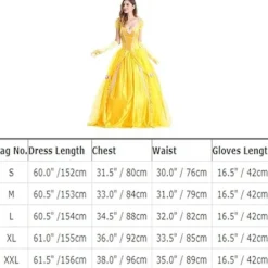 Belle klänning vuxen prinsessdräkt fest karneval cosplay performance halloween gul kostym med handskar med stor krinolin, L[YDE]><noscript><img width=