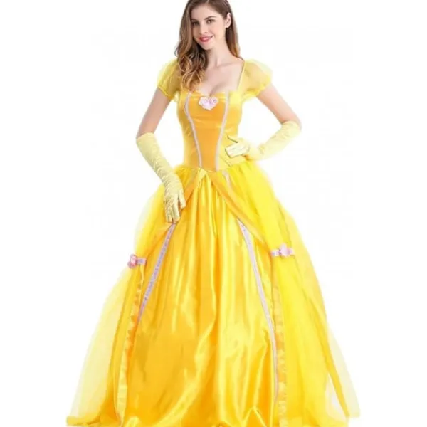Belle klänning vuxen prinsessa kostym fest karneval cosplay performance halloween gul kostym med handskar, XXL> Dräkter
