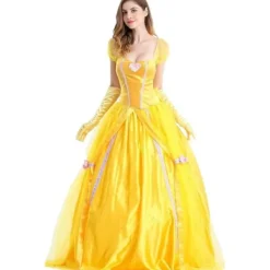 Belle klänning vuxen prinsessa kostym fest karneval cosplay performance halloween gul kostym med handskar, XXL><noscript><img width=