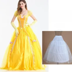 Belle klänning vuxen prinsessa kostym fest karneval cosplay performance halloween gul kostym med handskar med stor krinolin, M> Dräkter