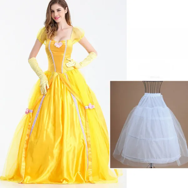 Belle klänning vuxen prinsessa kostym fest karneval cosplay performance halloween gul kostym med handskar med stor krinolin, M> Dräkter