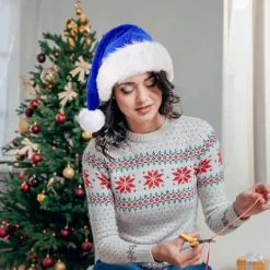 Blå Julhatt för Vuxen, Deluxe Sammet Tomtehatt, Lyxig Jul Tomtehatt För Kvinnor Och Män, Kostym För Julfest><noscript><img width=