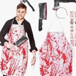 Blodigt Förkläde Skräckkostymset – Halloween Slaktare Cosplay med Falska Blodfläckar *Svart förklädesset 1*En storlek One size><noscript><img width=