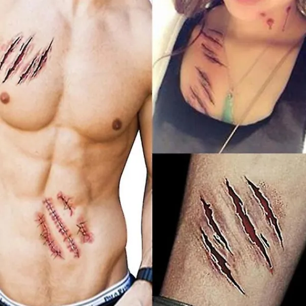 Body Makeup Tattoo Stickers Halloween Terror Realistic Stitched Injuries Wounds Non-toxic Long Lasting Temporary Tattoo Stickers A> Smink