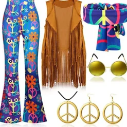 Bohemiska vida byxor, fransväst, pannband, fredssymboler - accessoarer för kvinnor, fred, kärlek, hippie, fin klänning, 70-tals disco outfit Hippie M M Hippie | Fyndiq> Dräkter