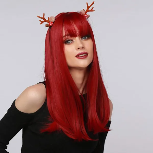 Bordeaux Lång Rak Peruk, Kvinnor Högtemperatur Röd Fiber Falskt Hår med Rak Lugg för Cosplay Fester> Peruker