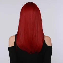 Bordeaux Lång Rak Peruk, Kvinnor Högtemperatur Röd Fiber Falskt Hår med Rak Lugg för Cosplay Fester><noscript><img width=