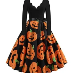 BTBDYDH Halloween Klänning Retro Långärmad V-ringad Klänning Utsvängd Vintage Hepburn Klänningar Pumpa Fladdermus Häxa Tryckt Cosplay Party Kostym Cocktail M | Fyndiq> Dräkter