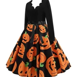 BTBDYDH Halloween Klänning Retro Långärmad V-ringad Klänning Utsvängd Vintage Hepburn Klänningar Pumpa Fladdermus Häxa Tryckt Cosplay Party Kostym Cocktail M | Fyndiq> Dräkter