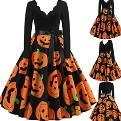 BTBDYDH Halloween Klänning Retro Långärmad V-ringad Klänning Utsvängd Vintage Hepburn Klänningar Pumpa Fladdermus Häxa Tryckt Cosplay Party Kostym Cocktail M | Fyndiq><noscript><img width=