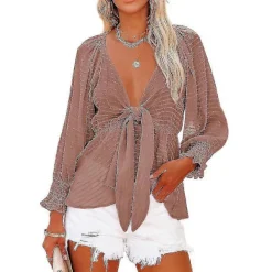 Bxhd Dam Långärmad Bohemisk Skjorta Djup V-ringning Knyt Detalj Peplum Blusar Toppar Jp> Smink