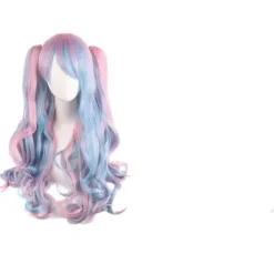 [CA] Lolita Lång Lockig Clip-On Hästsvans Cosplay Peruk, Dubbel Hästsvans Tiger Clip Lång Lockig Peruk (rosa/blå/blond), wz-1352 (FMY)> Peruker