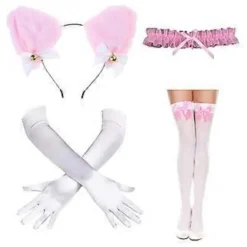 Catgirl Utklädningskläder Inklusive Hårband Spetskrage Halsband Handskar och Knähöga Strumpor för Kvinnor Halloween Rosa (Rosa)> Tillbehör