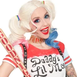 Comics- polyester Harley Quinn peruk (vuxen)Två täcken: ett rosa a><noscript><img width=