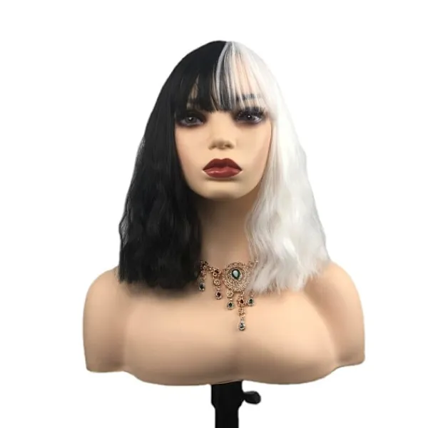 Cos Peruk för Kvinnor Svart och Vit Häxa Cruella Högtemperatur Silkesnät Knapp Kort Lockig Yin-yang Huvud 45cm> Peruker