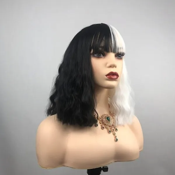 Cos Peruk för Kvinnor Svart och Vit Häxa Cruella Högtemperatur Silkesnät Knapp Kort Lockig Yin-yang Huvud 45cm> Peruker