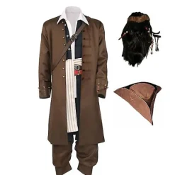 KOOLYOU Cosdaddy Captain Jack Sparrow Cosplay Kostym Kappa Jacka Vuxen Hatt Peruk Kostymer Halloween Carnival Kostym XXL T1> Dräkter