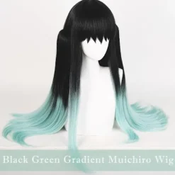 Cosplay Peruk för DS, Långt Rakt Svart Grön Peruk Gradient Dubbel Hästsvans Anime Hår Flätor Peruker med Mössa för Halloween Kostym> Peruker
