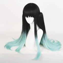 Cosplay Peruk för DS, Långt Rakt Svart Grön Peruk Gradient Dubbel Hästsvans Anime Hår Flätor Peruker med Mössa för Halloween Kostym><noscript><img width=