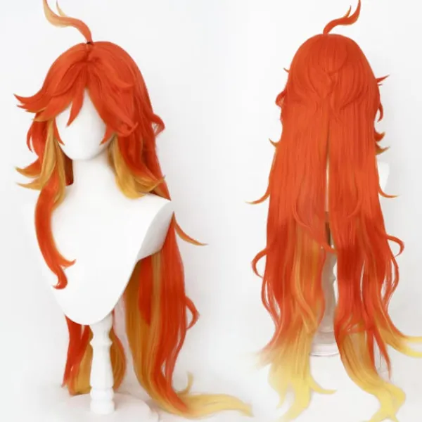 Cosplay-peruk Genshin Impact Mavuika Peruk Anime Kostym Långt Orange Vågigt Hår med Lugg för Kvinnor Halloween Familjefest> Peruker