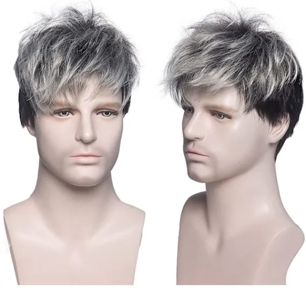 Creamily Men Grå Peruk Kort lager Grå Blandad Svart Naturlig Syntetisk Halloween Cosplay Kostym Peruker för män> Peruker
