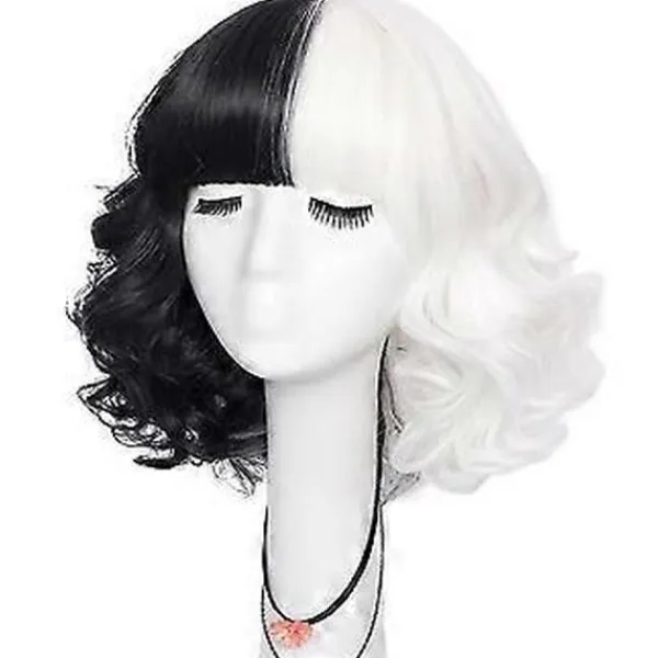 Cruella De Vil Cosplay Kort Svartvit Hel Peruk För Halloween Kvinnor Vågig Bob Peruk Med Lugg Maskerad Kostym Rekvisita> Peruker