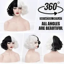Cruella De Vil Cosplay Kort Svartvit Hel Peruk För Halloween Kvinnor Vågig Bob Peruk Med Lugg Maskerad Kostym Rekvisita><noscript><img width=