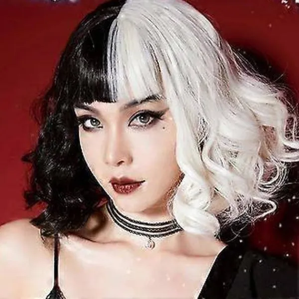 Cruella De Vil Cosplay Kort Svartvit Hel Peruk För Halloween Kvinnor Vågig Bob Peruk Med Lugg Maskerad Kostym Rekvisita> Peruker