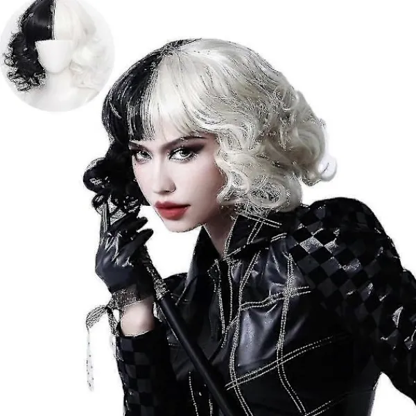 Cruella De Vil Cosplay Peruk Halv Svart och Vit för Kvinnor Cosplay Tillbehör, Kort Vågig Bob Halloween Party Peruker med Lugg> Peruker