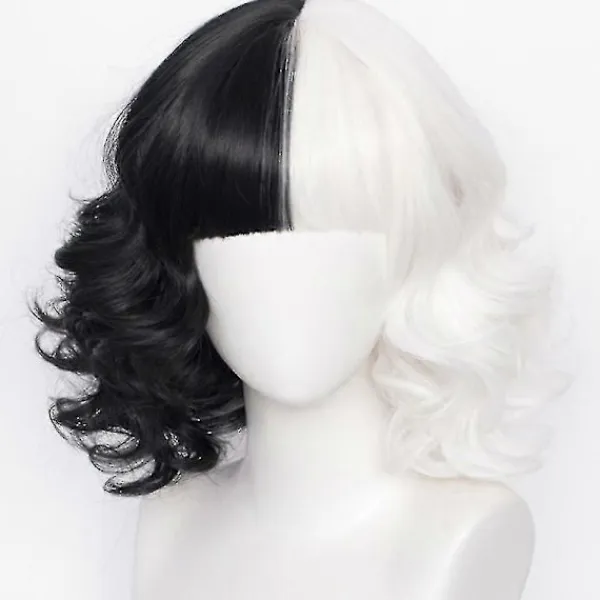 Cruella De Vil Cosplay Peruk Halv Svart och Vit för Kvinnor Cosplay Tillbehör, Kort Vågig Bob Halloween Party Peruker med Lugg> Peruker