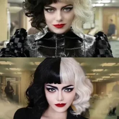 unbranded Cruella De Vil Cosplay-peruk Halv Svart och Vit för Kvinnor Cosplay-tillbehör, Kort Vågig Bob Halloween-festperuker med Lugg> Peruker
